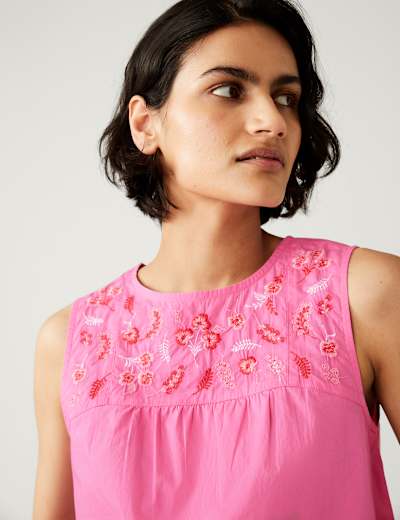 Pure Cotton Floral Embroidered Vest Top