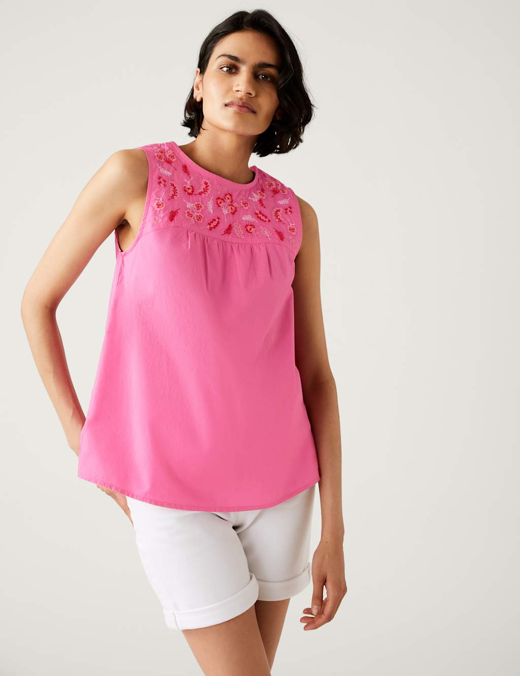 Pure Cotton Floral Embroidered Vest Top image 2