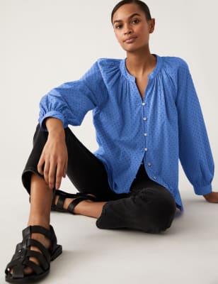 

Womens M&S Collection Bluse aus reiner Baumwolle mit Puffärmeln und Strukturmuster - Lupin, Lupin