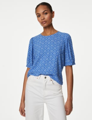

Womens M&S Collection Gemusterte Bluse mit Puffärmeln - Blue Mix, Blue Mix