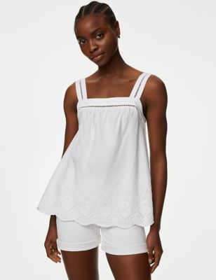 

Womens M&S Collection Pure Cotton Broderie Detail Cami Top - Soft White, Soft White
