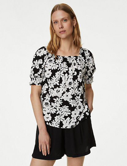 Printed Square Neck Puff Sleeve Top