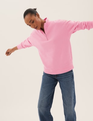 

Womens M&S Collection Cotton Rich Funnel Neck Half Zip Sweatshirt - Pink, Pink