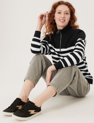 

Womens M&S Collection Cotton Rich Striped Funnel Neck Sweatshirt - Black Mix, Black Mix