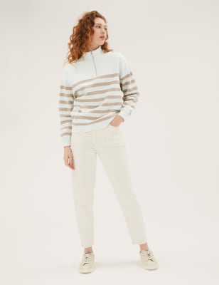 

Womens M&S Collection Gestreiftes Sweatshirt mit hohem Baumwollanteil und Stehkragen - Ivory Mix, Ivory Mix