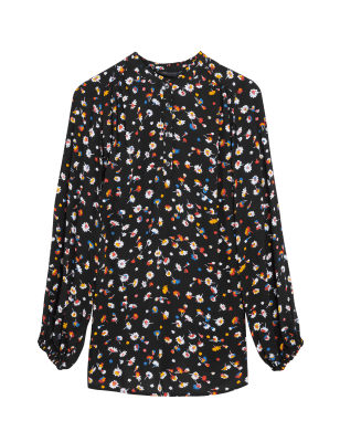 

Womens M&S Collection Printed Collarless Long Sleeve Blouse - Black Mix, Black Mix