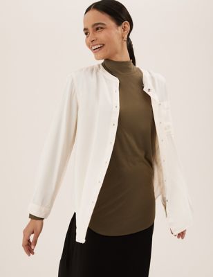 Womens M&S Collection Pure Tencel™ Collarless Long Sleeve Blouse - Cream, Cream