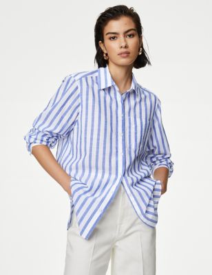 M&S Womens Pure Cotton Striped Shirt - 12REG - Blue Mix, Blue Mix,White Mix,Pink Mix