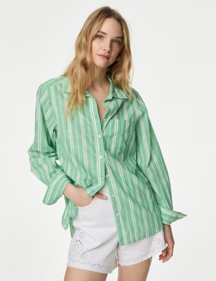 M&S Womens Pure Cotton Striped Shirt - 6REG - Green Mix, Green Mix,Blue Mix,White Mix,Pink Mix