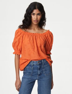 Pure Cotton Broderie Square Neck Top - HU