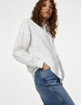 M&S Womens Pure Cotton Broderie Collared Shirt - 10REG - Soft White, Soft White,Soft Green