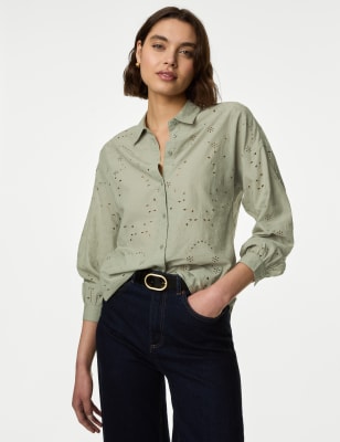

M&S Collection Camisa con bordado y cuello 100% algodónWomens - Soft Green, Soft Green