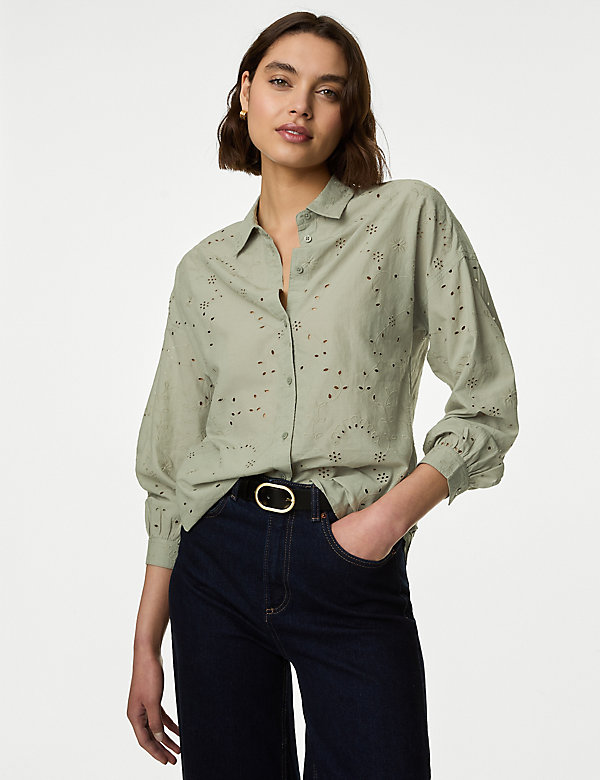 Pure Cotton Broderie Collared Shirt - NZ