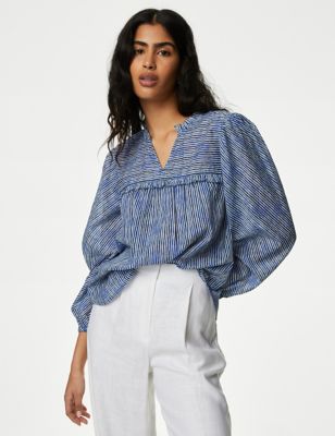 Pure Cotton Striped Frill Detail Blouse - OM