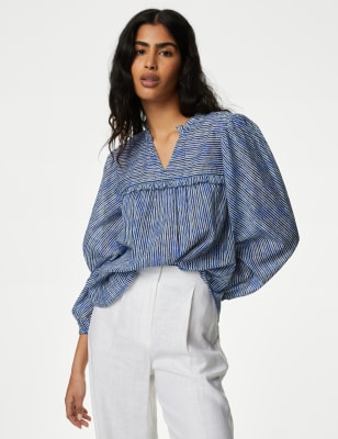 Pure Cotton Striped Frill Detail Blouse - BG