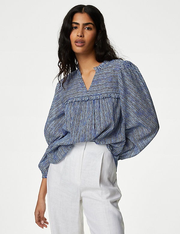 Pure Cotton Striped Frill Detail Blouse - BE