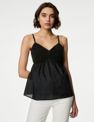 M&S Womens Pure Cotton V-Neck Textured Cami Top - 6REG - Black, Black