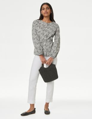 Pure Cotton Printed Crew Neck Tie Front Blouse - HU