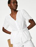 Pure Cotton Broderie V-Neck Tie Front Blouse