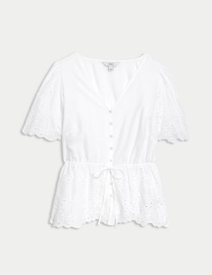 Pure Cotton Broderie V-Neck Tie Front Blouse