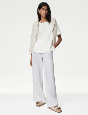M&S Womens Pure Cotton Double Cloth T-Shirt - 8REG - Ivory, Ivory,Light Cranberry