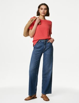 M&S Womens Pure Cotton Double Cloth T-Shirt - 16REG - Light Cranberry, Light Cranberry,Onyx,Ivory