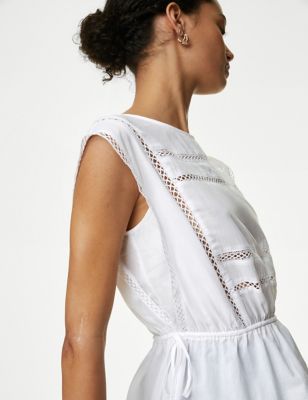 M&S Women's Pure Cotton Tie Waist Vest - 6REG - Soft White, Soft White,Black
