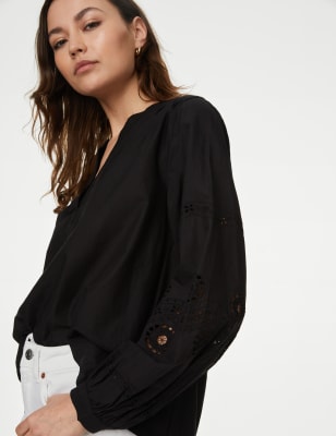 M&S Women's Pure Cotton Embroidered V-Neck Blouse - 10REG - Black, Black,Moss