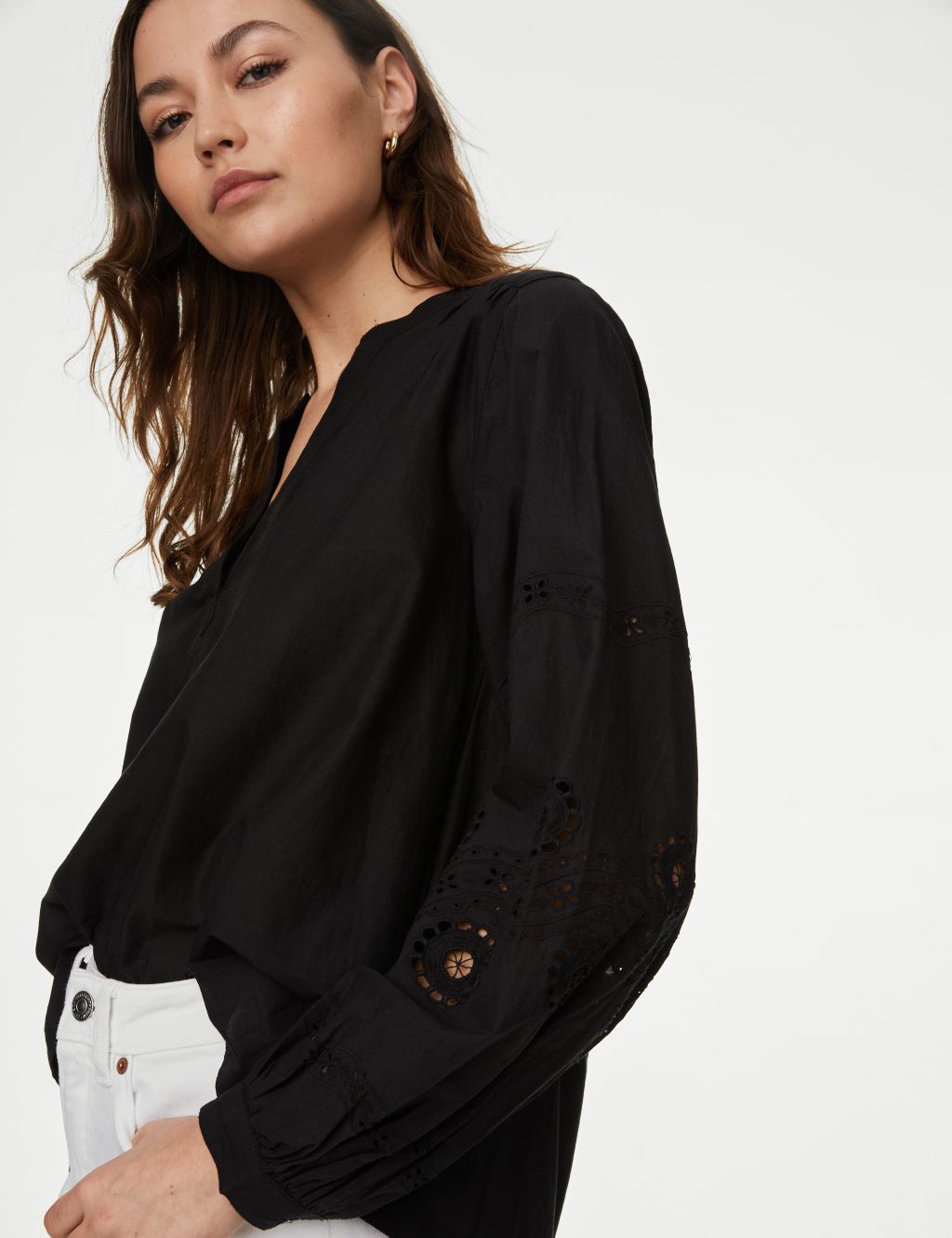 Pure Cotton Embroidered V-Neck Blouse