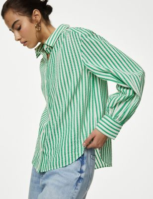 

Womens M&S Collection Pure Cotton Striped Collared Shirt - Green Mix, Green Mix