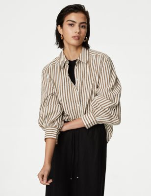 M&S Women's Pure Cotton Striped Collared Shirt - 18REG - Brown Mix, Brown Mix