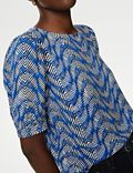 Printed Crew Neck Puff Sleeve Blouse