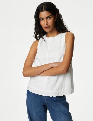 M&S Womens Pure Cotton Crew Neck Frill Detail Top - 6REG - Ivory, Ivory