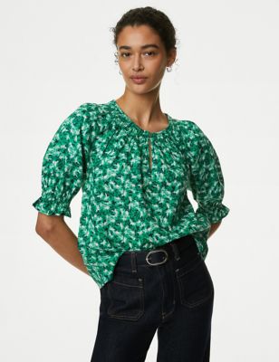 M&S Womens Pure Cotton Printed Shirred Detail Blouse - 6REG - Green Mix, Green Mix,Brown Mix