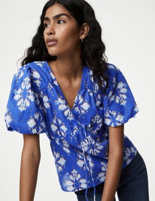 Pure Cotton Printed V-Neck Blouse - NZ
