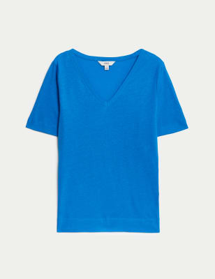 

Womens M&S Collection Linen Blend V-Neck Top - Bright Blue, Bright Blue