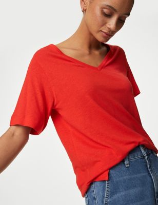 

Womens M&S Collection Linen Blend V-Neck Top - Flame, Flame