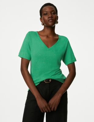 

Womens M&S Collection Linen Blend V-Neck Top - Medium Green, Medium Green