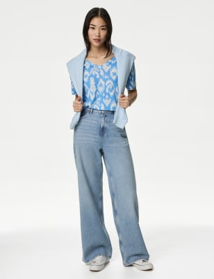 

M&S Collection Top estampado de escote en pico con linoWomens - Light Blue Mix, Light Blue Mix