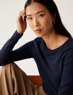 

Womens M&S Collection Cotton Rich Slim Fit Long Sleeve Top - Navy, Navy