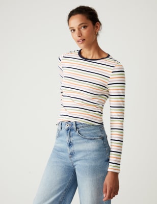 Marks And Spencer Womens M&S Collection Cotton Rich Striped Slim Fit Top - Olive Mix, Olive Mix