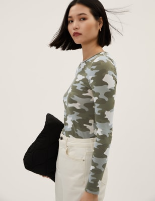 

M&S Collection Top ajustado estampado de algodónWomens - Khaki Mix, Khaki Mix