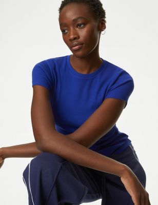 M&S Women's Cotton Rich Slim Fit Ribbed T-Shirt - 6 - Electric Blue, Electric Blue