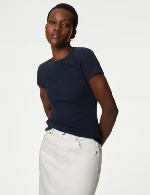 

Womens M&S Collection Cotton Rich Slim Fit Ribbed T-Shirt - Navy, Navy