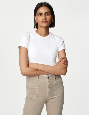 

Womens M&S Collection Cotton Rich Slim Fit Ribbed T-Shirt - Soft White, Soft White