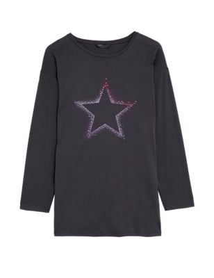 Womens M&S Collection Printed Crew Neck Long Sleeve Longline Top - Moondust