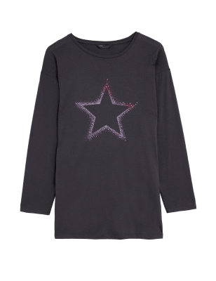 Womens M&S Collection Printed Crew Neck Long Sleeve Longline Top - Moondust