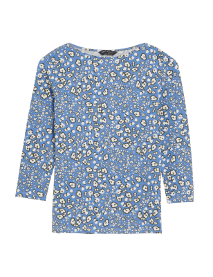 

Womens M&S Collection Cotton Rich Printed Slash Neck Top - Medium Blue Mix, Medium Blue Mix