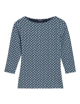 

M&S Collection Top con cuello barco de algodón estampadoWomens - Navy Mix, Navy Mix
