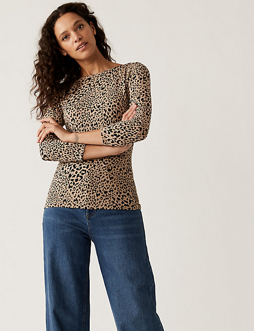 Marks And Spencer Womens M&S Collection Cotton Rich Printed Slim Fit Top - Brown Mix, Brown Mix